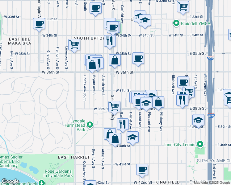 map of restaurants, bars, coffee shops, grocery stores, and more near 3711 Lyndale Avenue South in Minneapolis