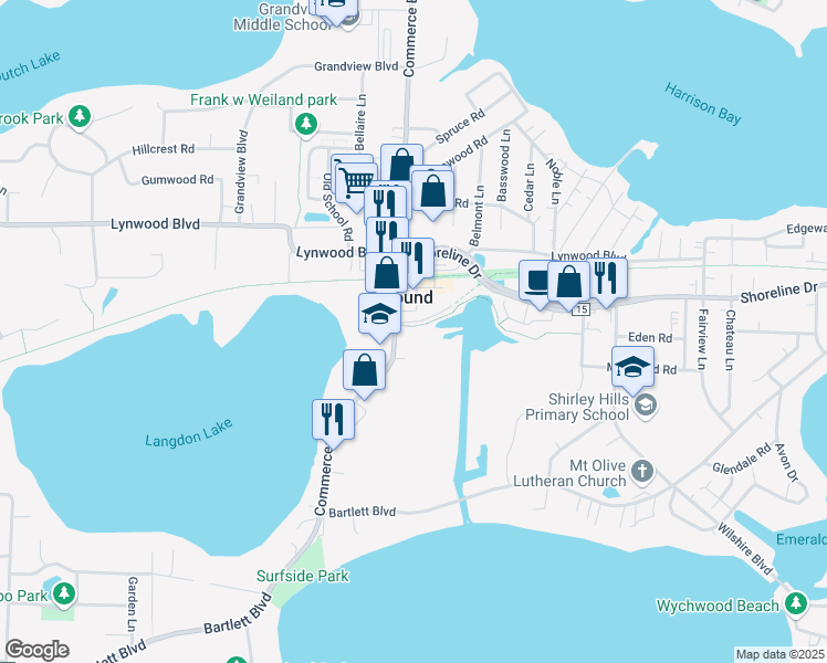 map of restaurants, bars, coffee shops, grocery stores, and more near 2372 Commerce Boulevard in Mound