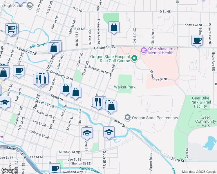 map of restaurants, bars, coffee shops, grocery stores, and more near 370 24th Street Northeast in Salem