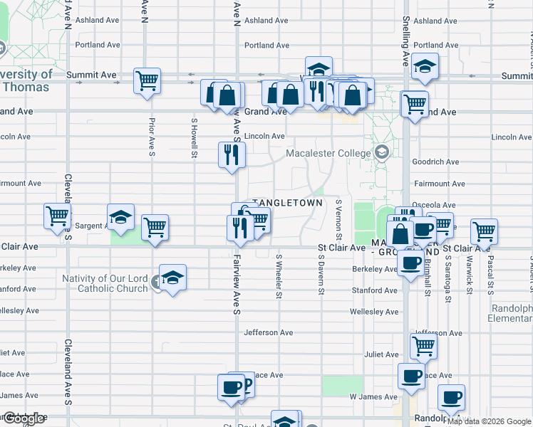 map of restaurants, bars, coffee shops, grocery stores, and more near 197 South Wheeler Street in Saint Paul