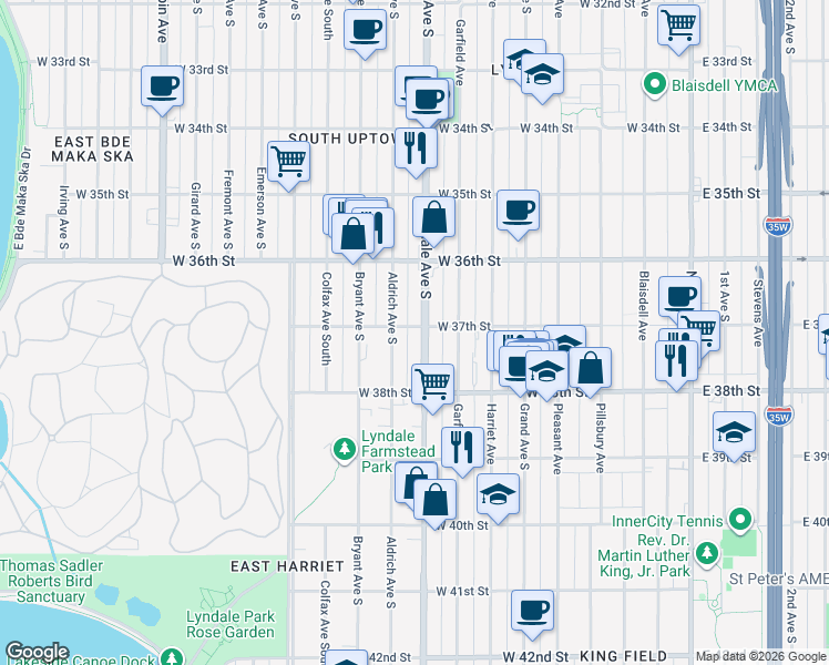 map of restaurants, bars, coffee shops, grocery stores, and more near 3711 Lyndale Avenue South in Minneapolis