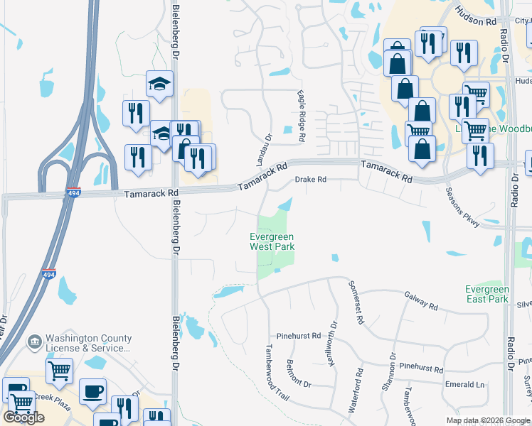 map of restaurants, bars, coffee shops, grocery stores, and more near 899 Tamberwood Trail in Woodbury