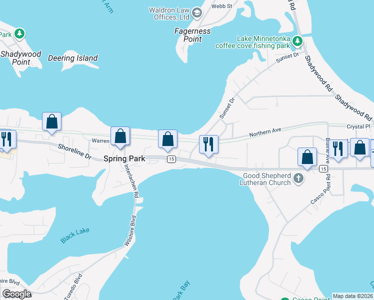 map of restaurants, bars, coffee shops, grocery stores, and more near 4138 Shoreline Drive in Spring Park