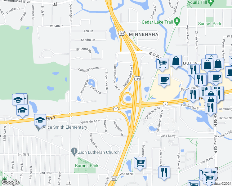 map of restaurants, bars, coffee shops, grocery stores, and more near 3720 Independence Avenue South in St. Louis Park