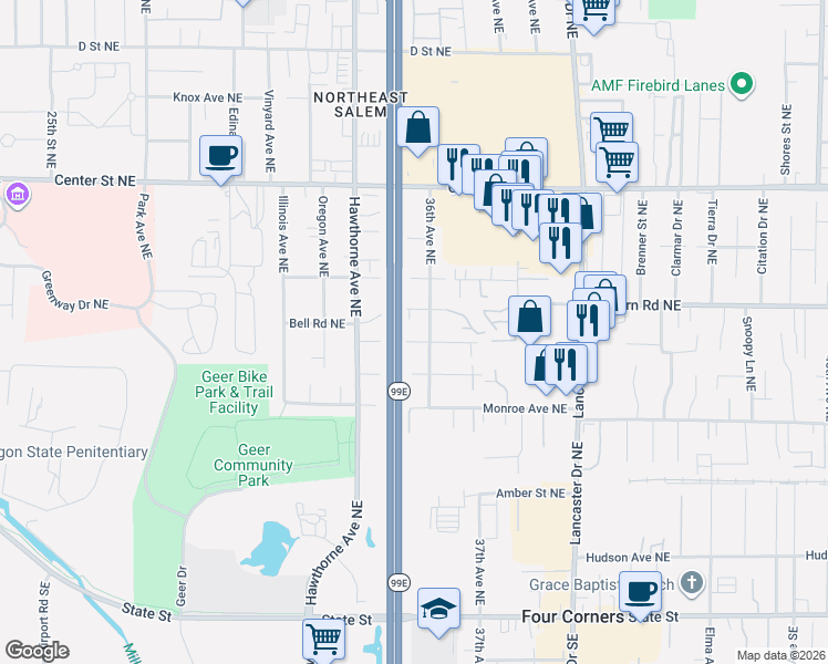 map of restaurants, bars, coffee shops, grocery stores, and more near 3555 Osborn Avenue Northeast in Salem