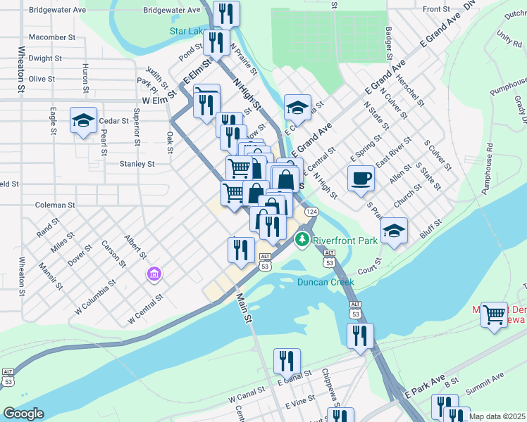 map of restaurants, bars, coffee shops, grocery stores, and more near 23 West Central Street in Chippewa Falls