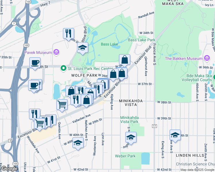 map of restaurants, bars, coffee shops, grocery stores, and more near 3740 Kipling Avenue in St. Louis Park