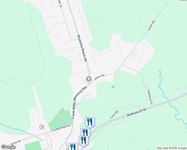 map of restaurants, bars, coffee shops, grocery stores, and more near 520 Muskoka Beach Road in Gravenhurst