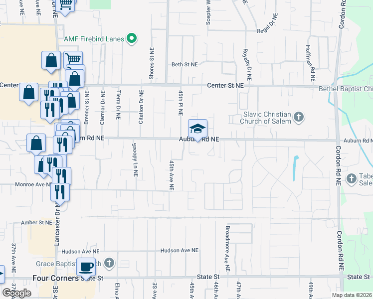 map of restaurants, bars, coffee shops, grocery stores, and more near 4612 Auburn Road Northeast in Salem
