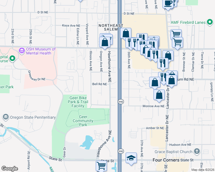 map of restaurants, bars, coffee shops, grocery stores, and more near 476 Oregon Avenue Northeast in Salem
