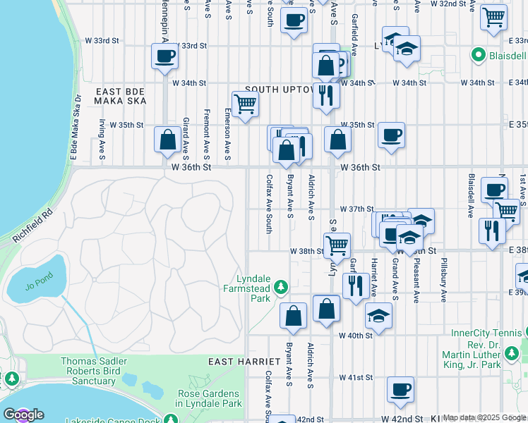 map of restaurants, bars, coffee shops, grocery stores, and more near 3708 Colfax Avenue South in Minneapolis