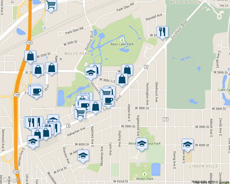 map of restaurants, bars, coffee shops, grocery stores, and more near 3740 Kipling Avenue in St. Louis Park