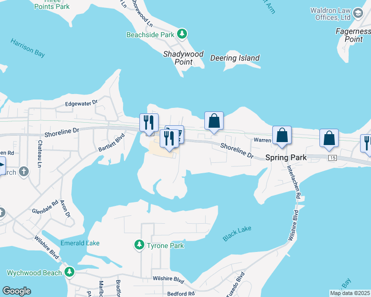 map of restaurants, bars, coffee shops, grocery stores, and more near 4609 Shoreline Drive in Spring Park