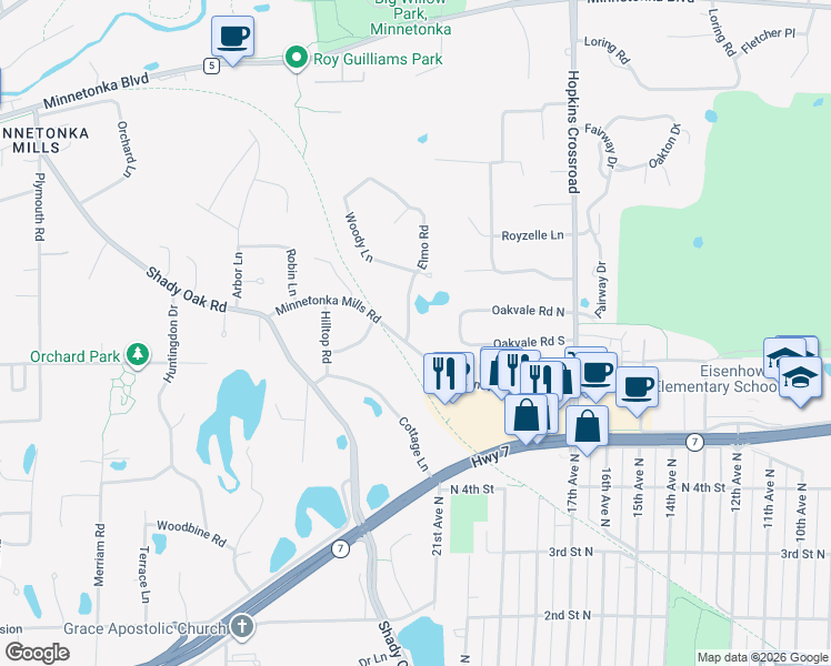 map of restaurants, bars, coffee shops, grocery stores, and more near 3749 Elmo Road in Hopkins