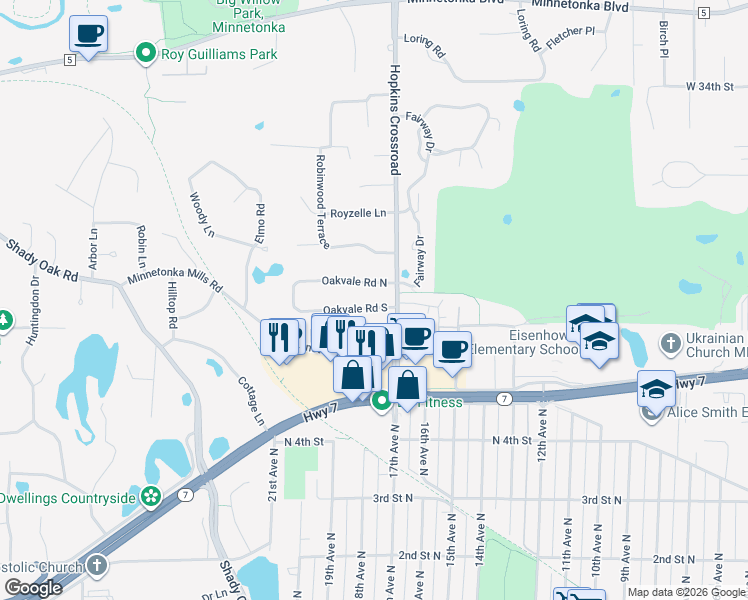 map of restaurants, bars, coffee shops, grocery stores, and more near 3708 Hopkins Crossroad in Minnetonka