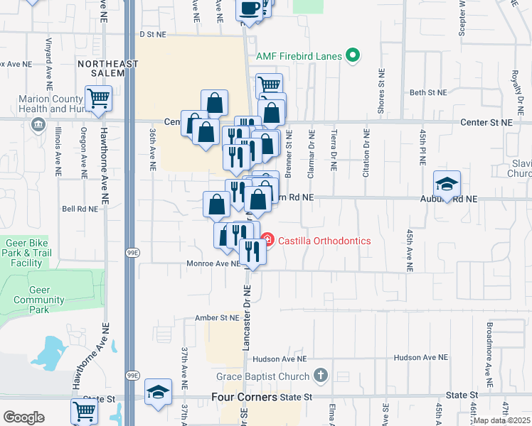 map of restaurants, bars, coffee shops, grocery stores, and more near 460 Lancaster Drive Northeast in Salem