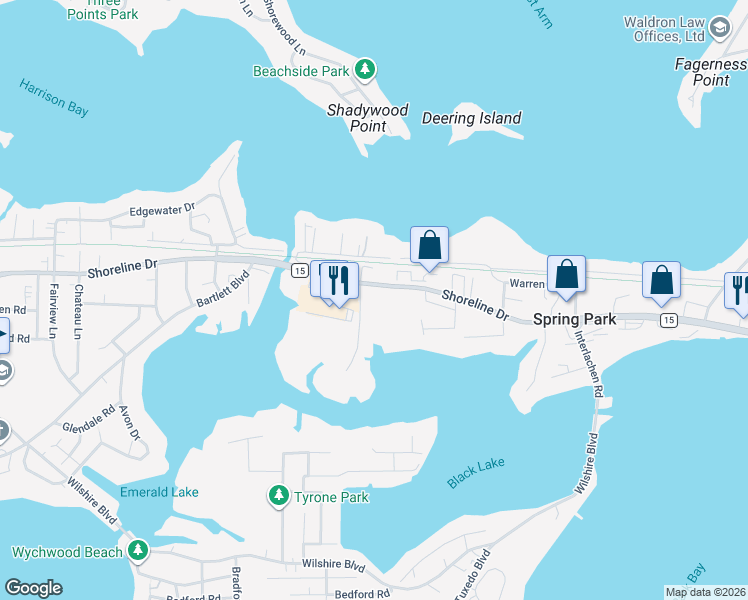 map of restaurants, bars, coffee shops, grocery stores, and more near 4609 Shoreline Drive in Spring Park