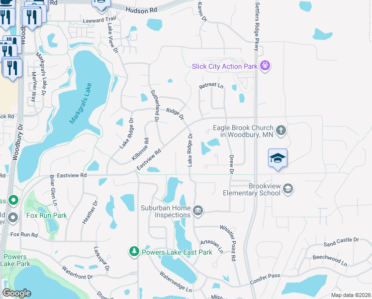 map of restaurants, bars, coffee shops, grocery stores, and more near 656 Lake Ridge Drive in Woodbury