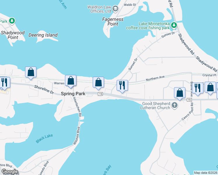 map of restaurants, bars, coffee shops, grocery stores, and more near 4100 Spring Street in Spring Park