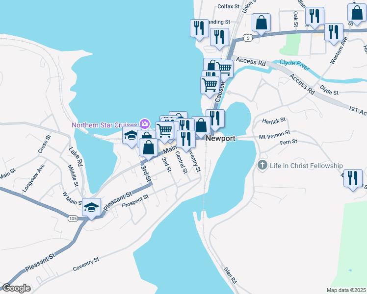map of restaurants, bars, coffee shops, grocery stores, and more near 107 Main Street in Newport
