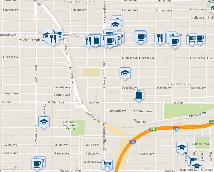 map of restaurants, bars, coffee shops, grocery stores, and more near 1076 Osceola Avenue in Saint Paul