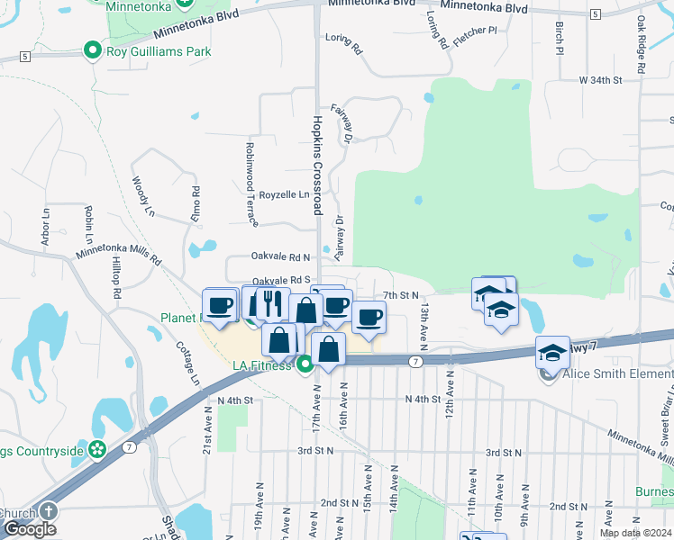 map of restaurants, bars, coffee shops, grocery stores, and more near 722 Robinwood Lane in Hopkins