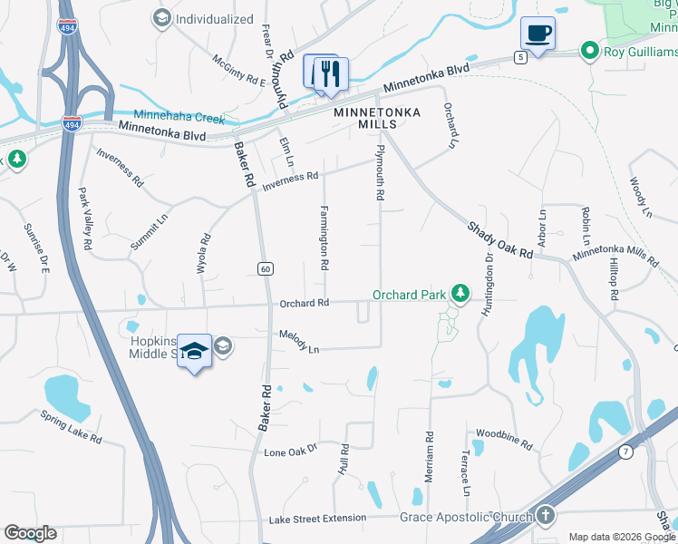 map of restaurants, bars, coffee shops, grocery stores, and more near 3739 Farmington Road in Minnetonka