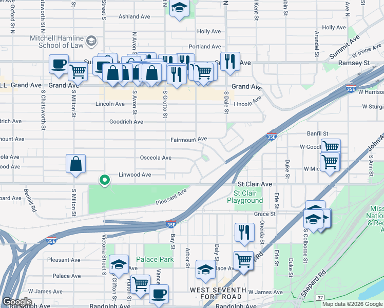 map of restaurants, bars, coffee shops, grocery stores, and more near 685 Osceola Avenue in Saint Paul