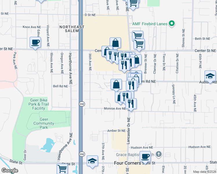 map of restaurants, bars, coffee shops, grocery stores, and more near 3742 Bell Road Northeast in Salem