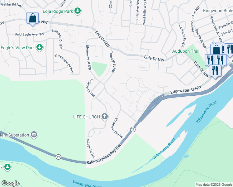 map of restaurants, bars, coffee shops, grocery stores, and more near 2150 Hallelujah Street Northwest in Salem