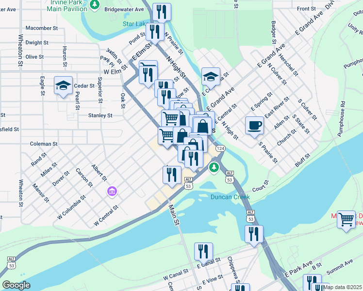 map of restaurants, bars, coffee shops, grocery stores, and more near 30 West Central Street in Chippewa Falls