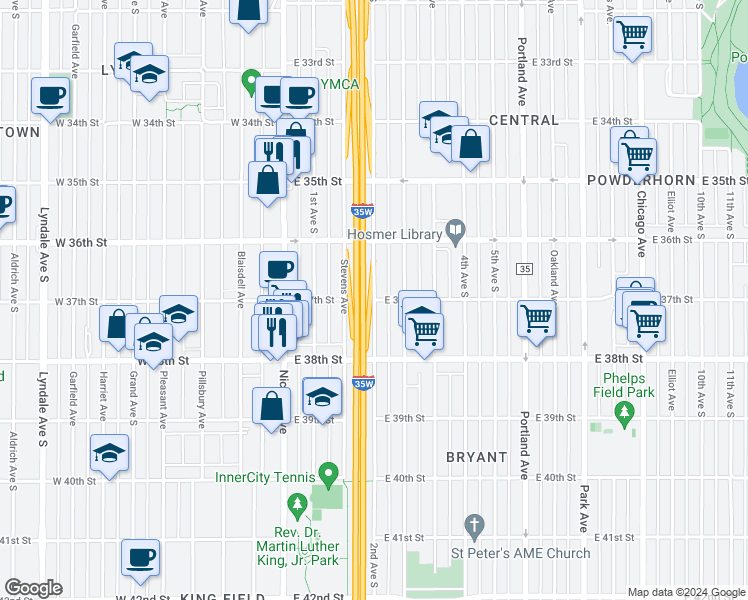 map of restaurants, bars, coffee shops, grocery stores, and more near 2nd Avenue South in Minneapolis