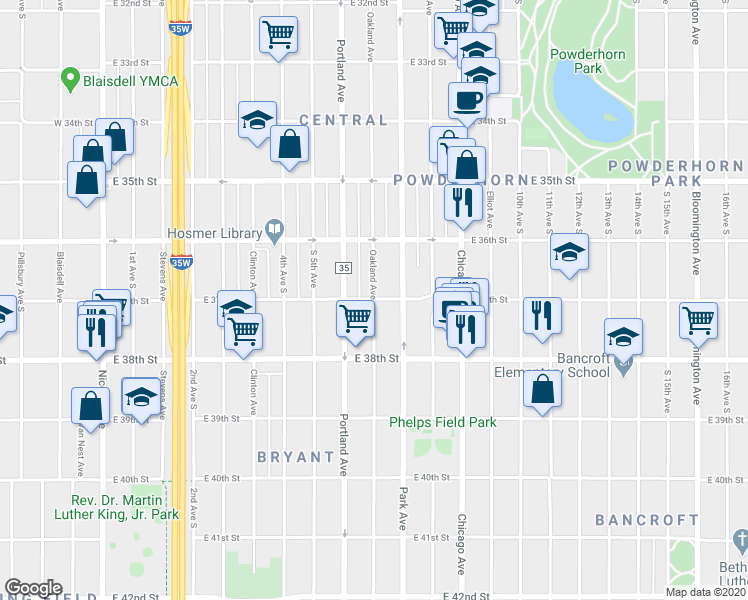 map of restaurants, bars, coffee shops, grocery stores, and more near 3700 Oakland Avenue in Minneapolis