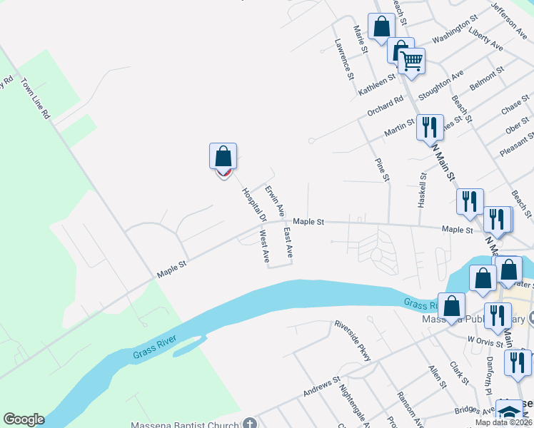 map of restaurants, bars, coffee shops, grocery stores, and more near 167 Maple Street in Massena