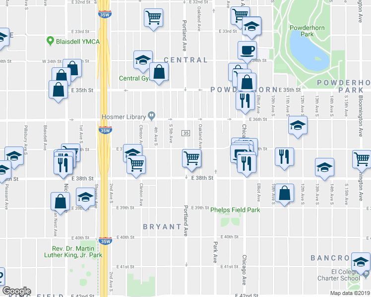 map of restaurants, bars, coffee shops, grocery stores, and more near 3698 Portland Avenue South in Minneapolis