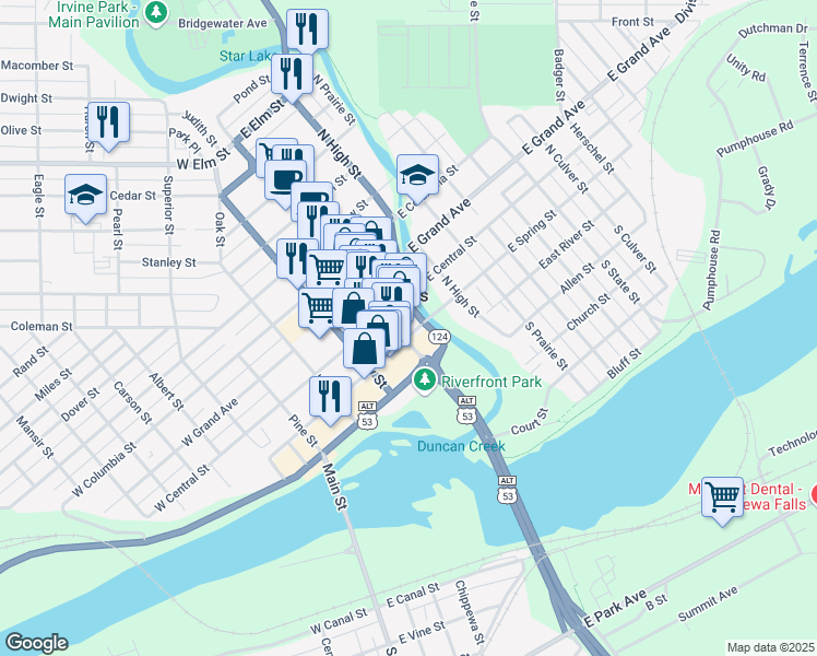 map of restaurants, bars, coffee shops, grocery stores, and more near 10 West Spring Street in Chippewa Falls