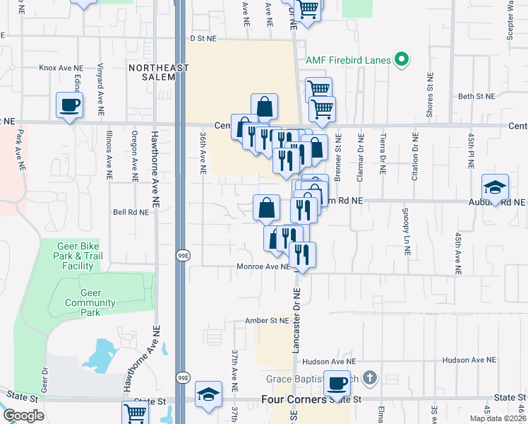 map of restaurants, bars, coffee shops, grocery stores, and more near 3896 Auburn Road Northeast in Salem