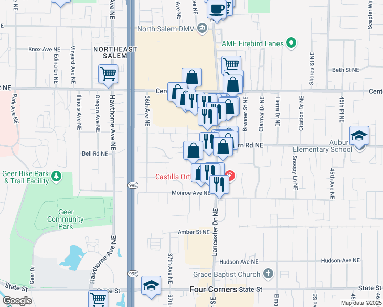map of restaurants, bars, coffee shops, grocery stores, and more near 3896 Auburn Road Northeast in Salem