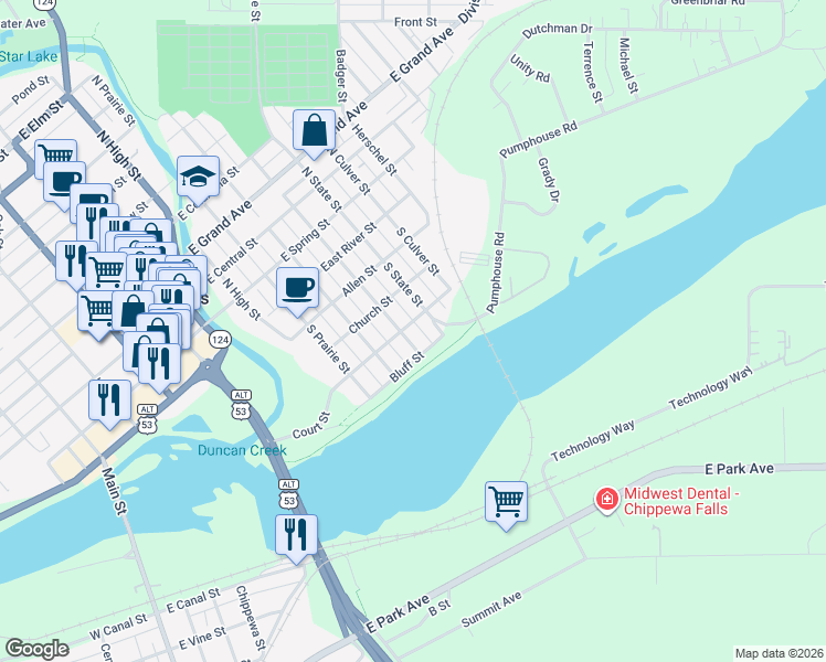 map of restaurants, bars, coffee shops, grocery stores, and more near 310 South Rural Street in Chippewa Falls