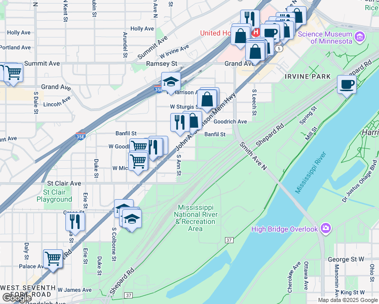 map of restaurants, bars, coffee shops, grocery stores, and more near 302 West Superior Street in Saint Paul