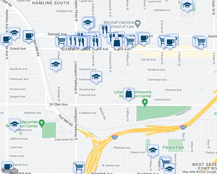 map of restaurants, bars, coffee shops, grocery stores, and more near 1003 Linwood Avenue in Saint Paul