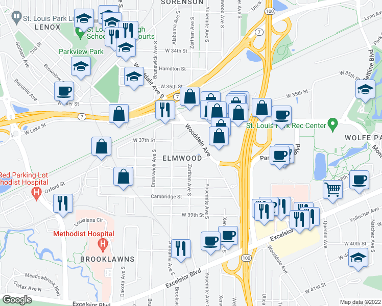 map of restaurants, bars, coffee shops, grocery stores, and more near 5901 Oxford Street in Minneapolis