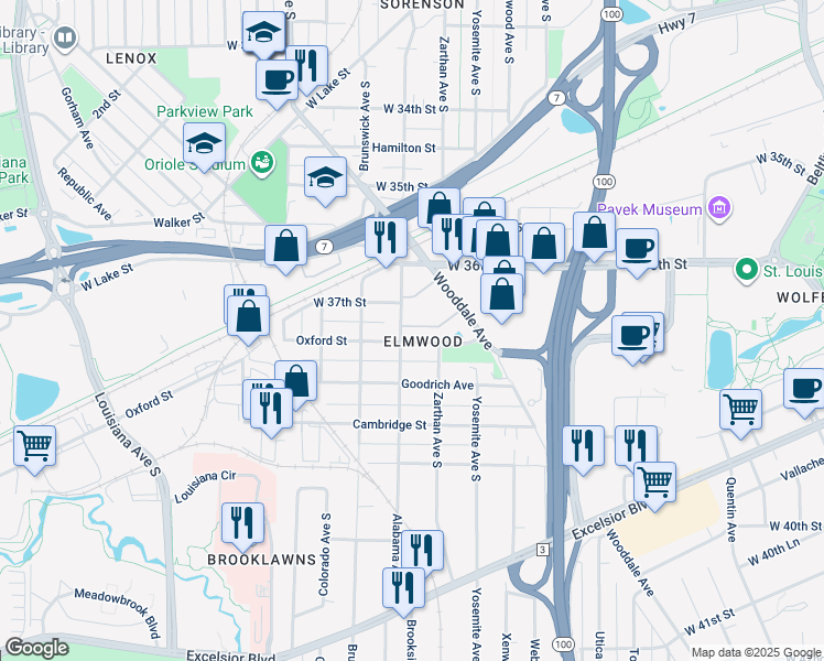 map of restaurants, bars, coffee shops, grocery stores, and more near in St. Louis Park