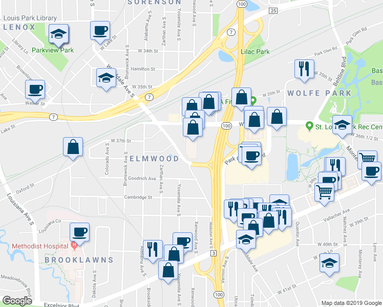 map of restaurants, bars, coffee shops, grocery stores, and more near 3710 Minnesota 100 in St. Louis Park