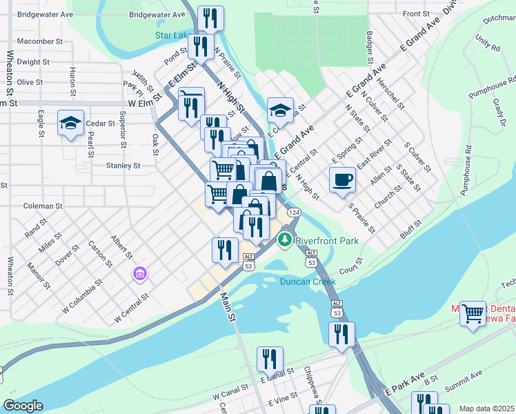 map of restaurants, bars, coffee shops, grocery stores, and more near 10 West Spring Street in Chippewa Falls