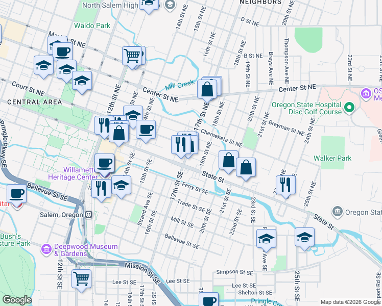 map of restaurants, bars, coffee shops, grocery stores, and more near 1765 State Street in Salem