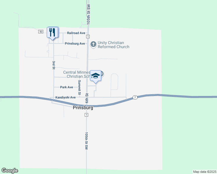 map of restaurants, bars, coffee shops, grocery stores, and more near 101 Elm Grove Lane in Prinsburg