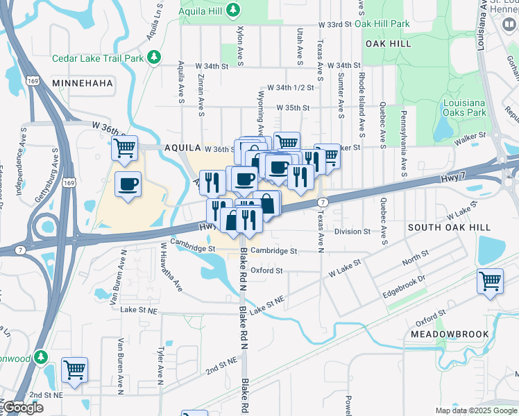 map of restaurants, bars, coffee shops, grocery stores, and more near 8221 Minnesota 7 in Hopkins