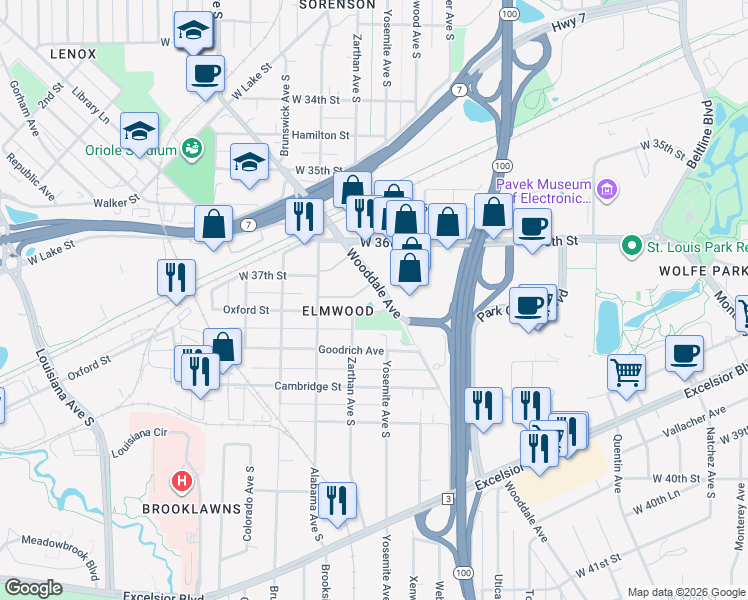 map of restaurants, bars, coffee shops, grocery stores, and more near 5901 Oxford Street in Minneapolis