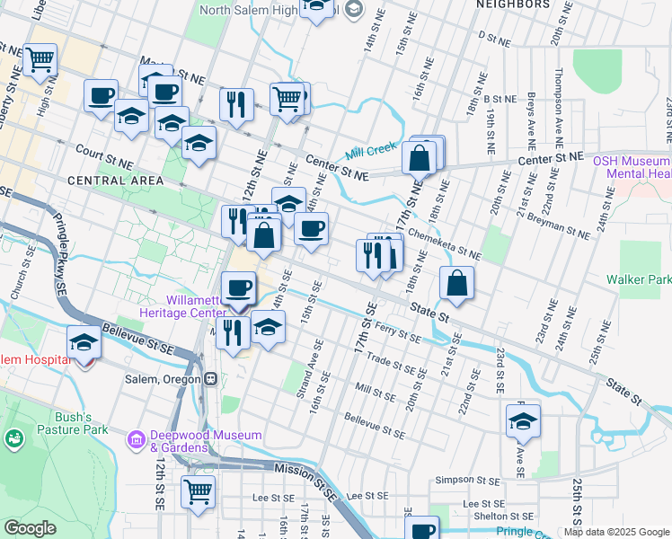 map of restaurants, bars, coffee shops, grocery stores, and more near 1550 State Street in Salem